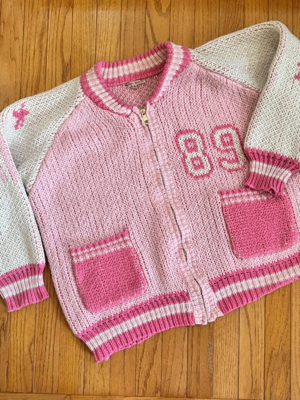 Bailey Rose Pink Varsity Knit Zip Sweater Bows Cherry 89 - Womens M